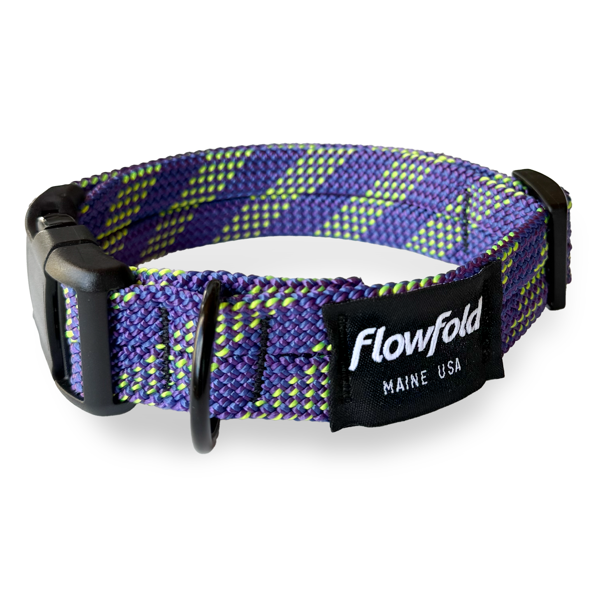 Purple and green patterned dog collar with 'Flowfold' branding on a white background