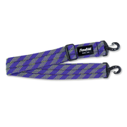 Purple and green striped bag strap with clip on a white background