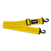 Yellow bag strap with black clips on a white background, featuring the 'flowfold' brand.