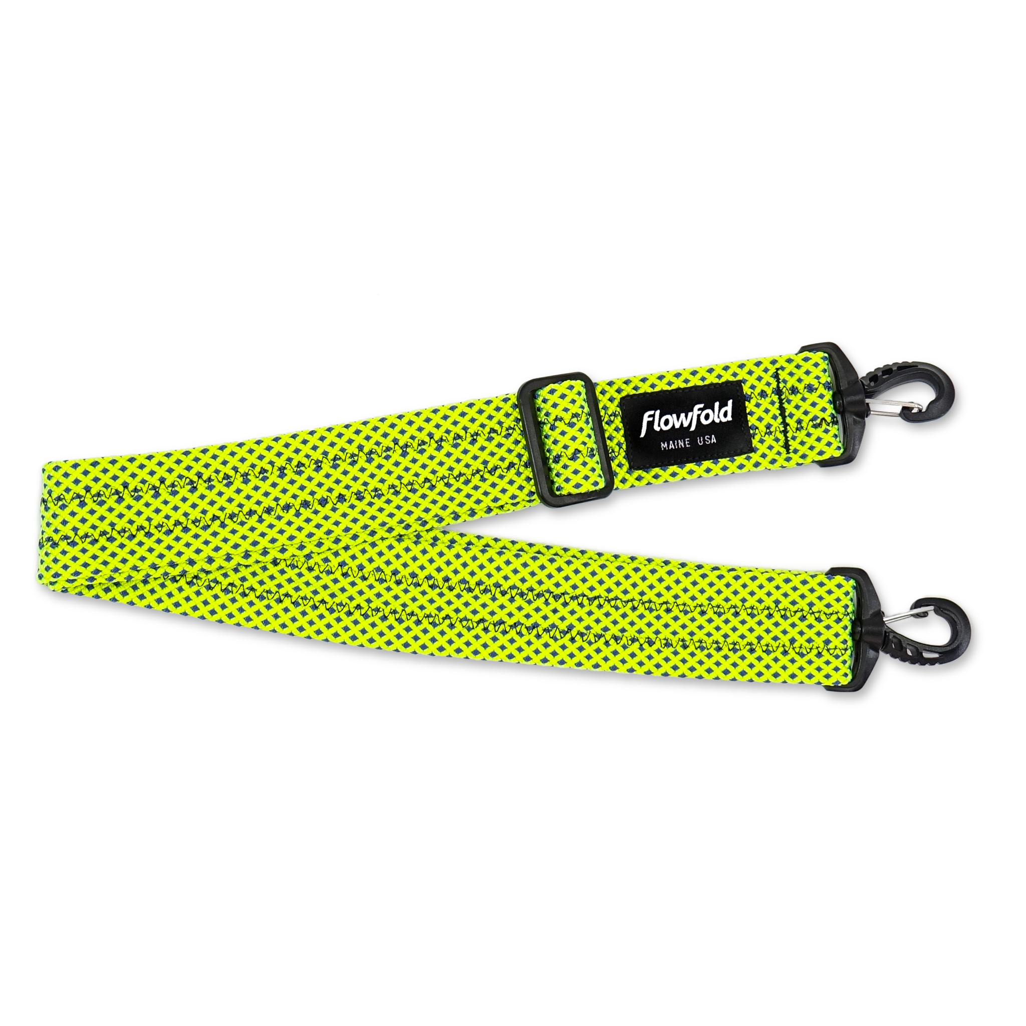 Green strap with blue pattern and Flowfold logo on a white background