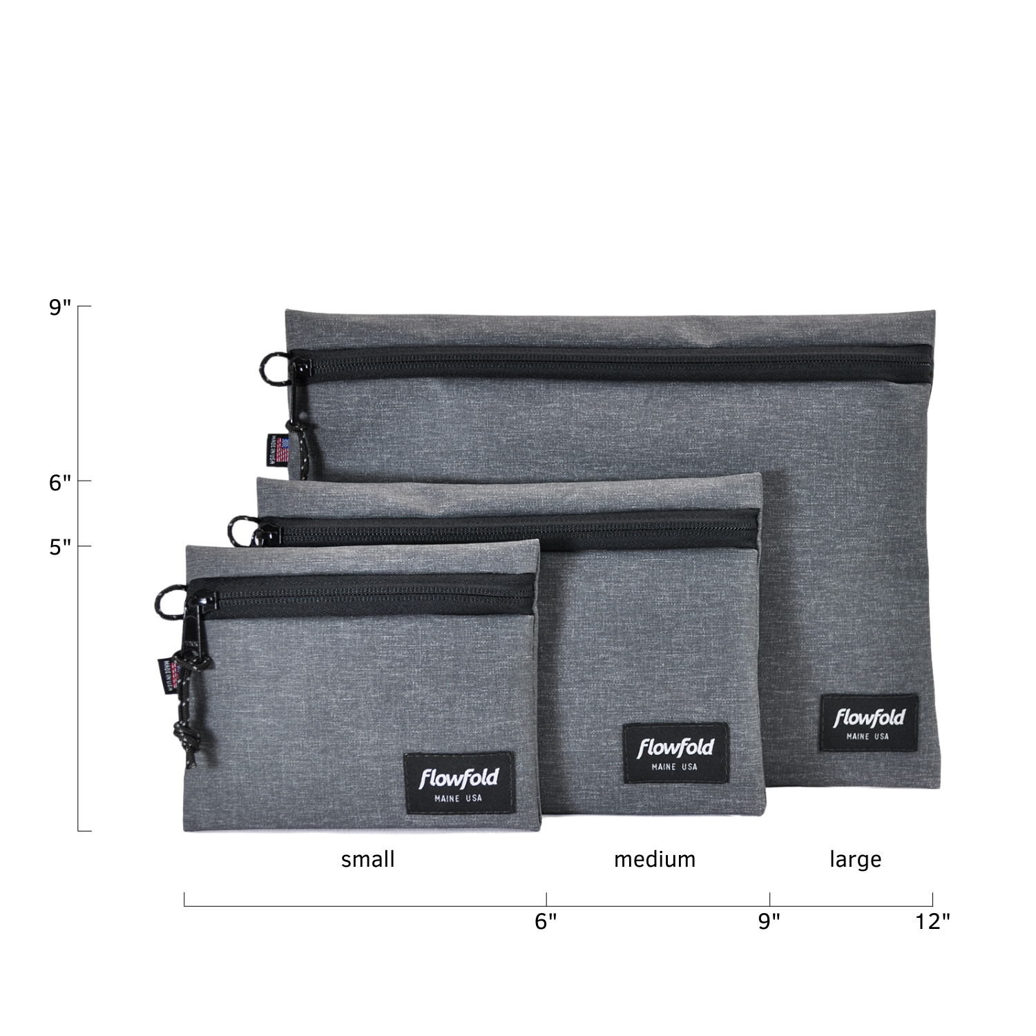 Flowfold Heather Grey Voyager Travel Pouches Set of Three Water Resistant Travel Pouches Made in USA