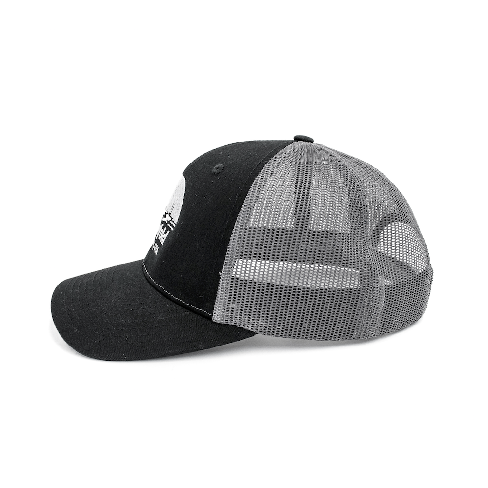 Flowfold Island Icon Black/Grey Low Profile Trucker hat side view mesh panels