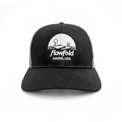 Flowfold Island Icon Black/Grey Low Profile Trucker hat front view logo