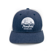 Flowfold Island Icon Blue/White Low Profile Trucker hat front view logo