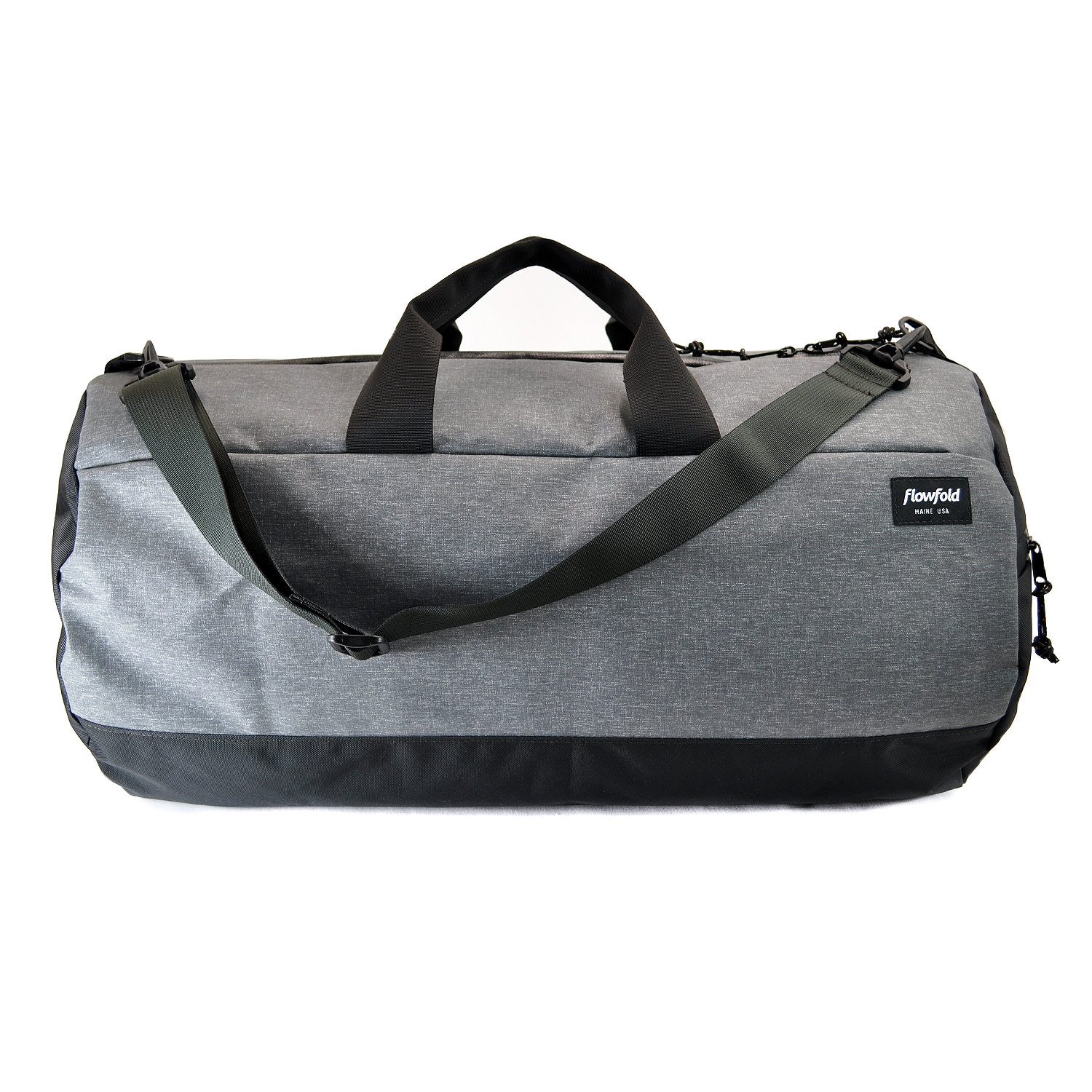 Flowfold Recycled Heather Grey Weather-Resistant Conductor Duffle bag for travel and road trips