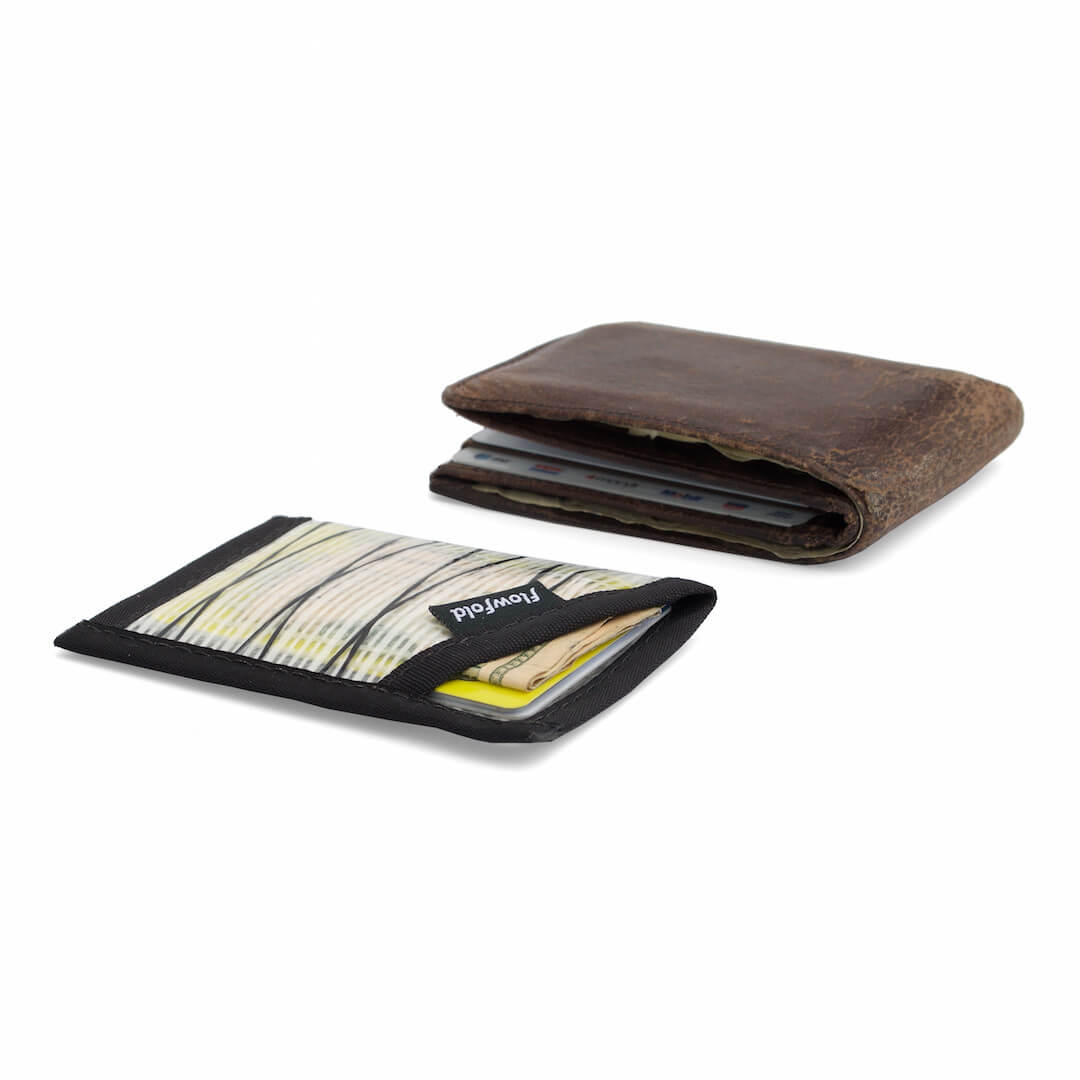Flowfold Recycled Sailcloth Minimalist Card Holder Wallet Comparison to Thickness of Leather Bifold to Show Slim Profile