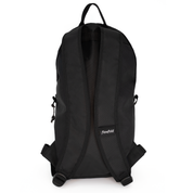 Black Flowfold backpack shown from the back, featuring padded shoulder straps, a top carry handle, and a small white Flowfold logo patch on the lower side, set against a plain white background.