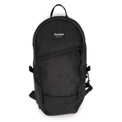 A black Flowfold backpack with a top handle, front zippered pocket, and a small white brand label on the upper front, shown against a plain white background.