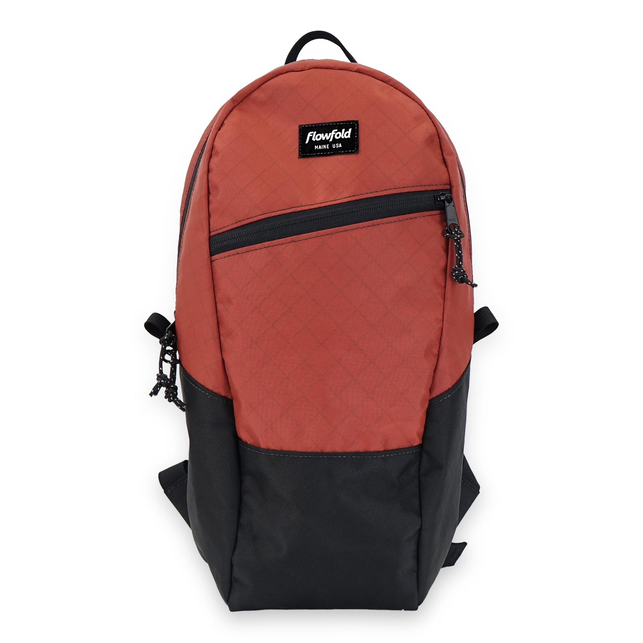 Red and black backpack with 'Flowfold' logo on a white background