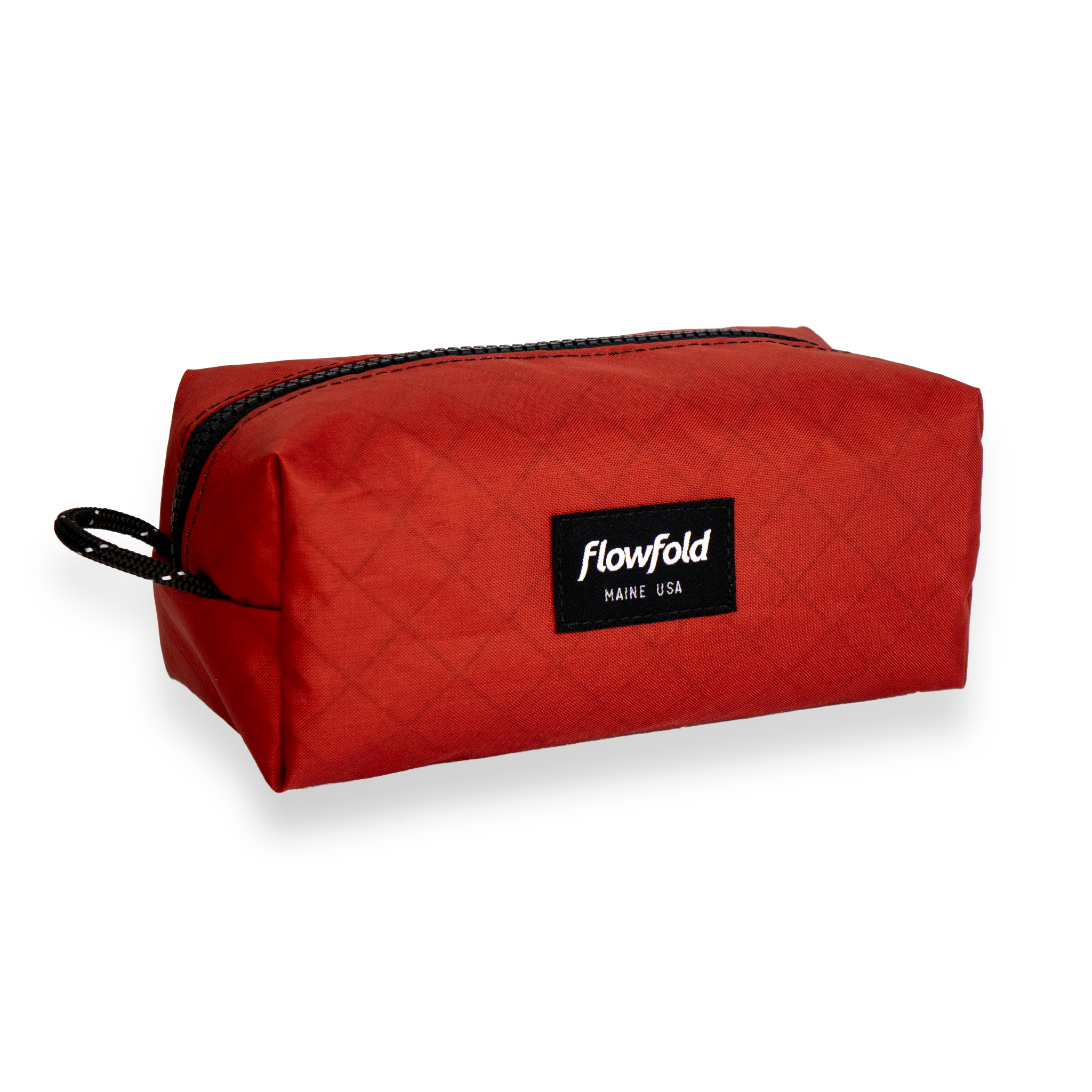 Red pouch with 'flowfold' label on a white background