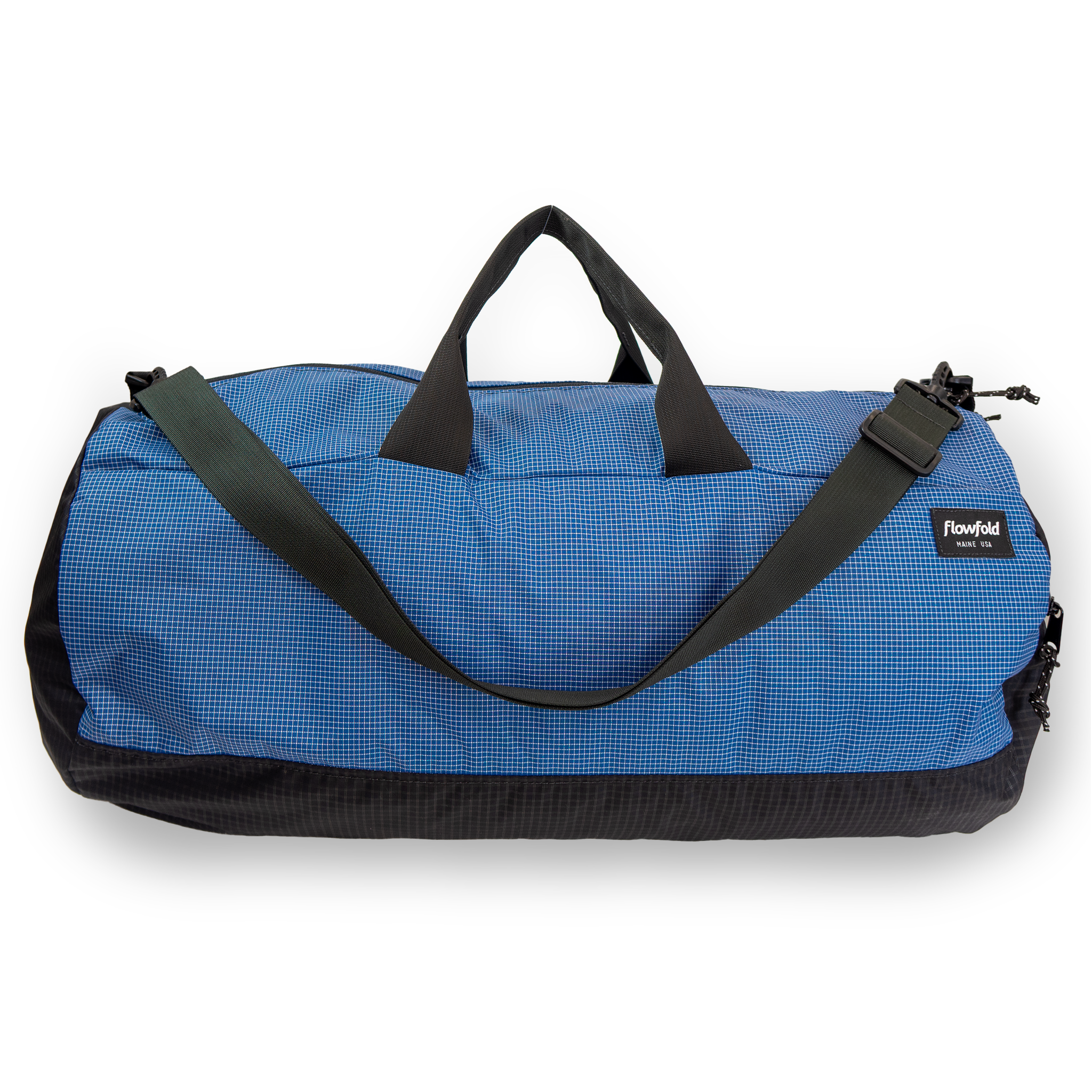 Blue duffel bag with black straps and a visible flowfold brand logo on a white background