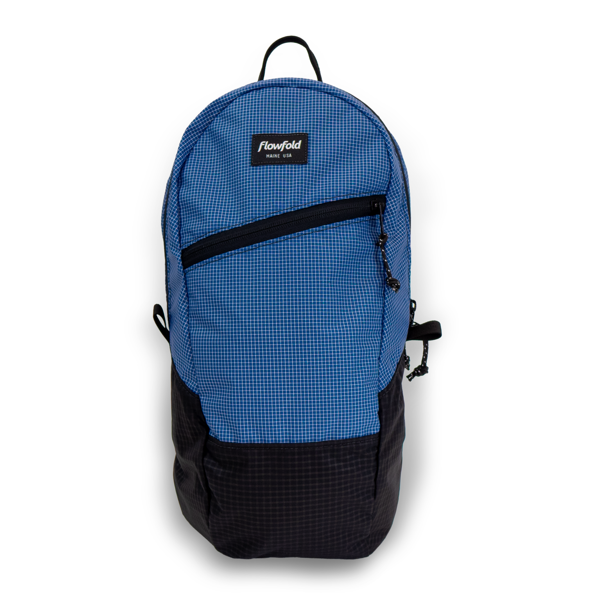 Blue and black backpack with 'Flowfold' logo on a white background