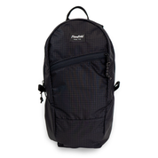 Black backpack with 'Flowfold' logo on a white background