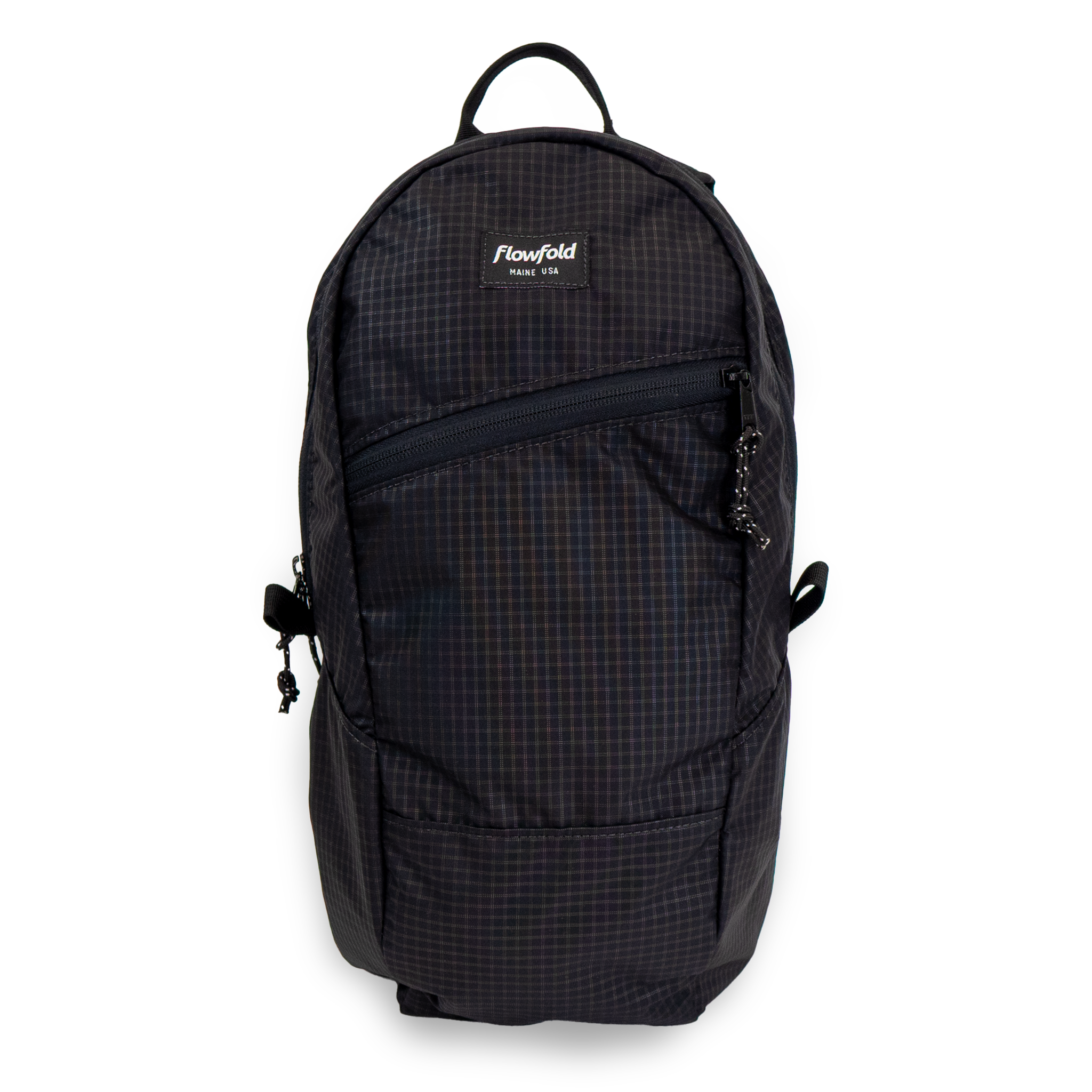 Black backpack with 'Flowfold' logo on a white background