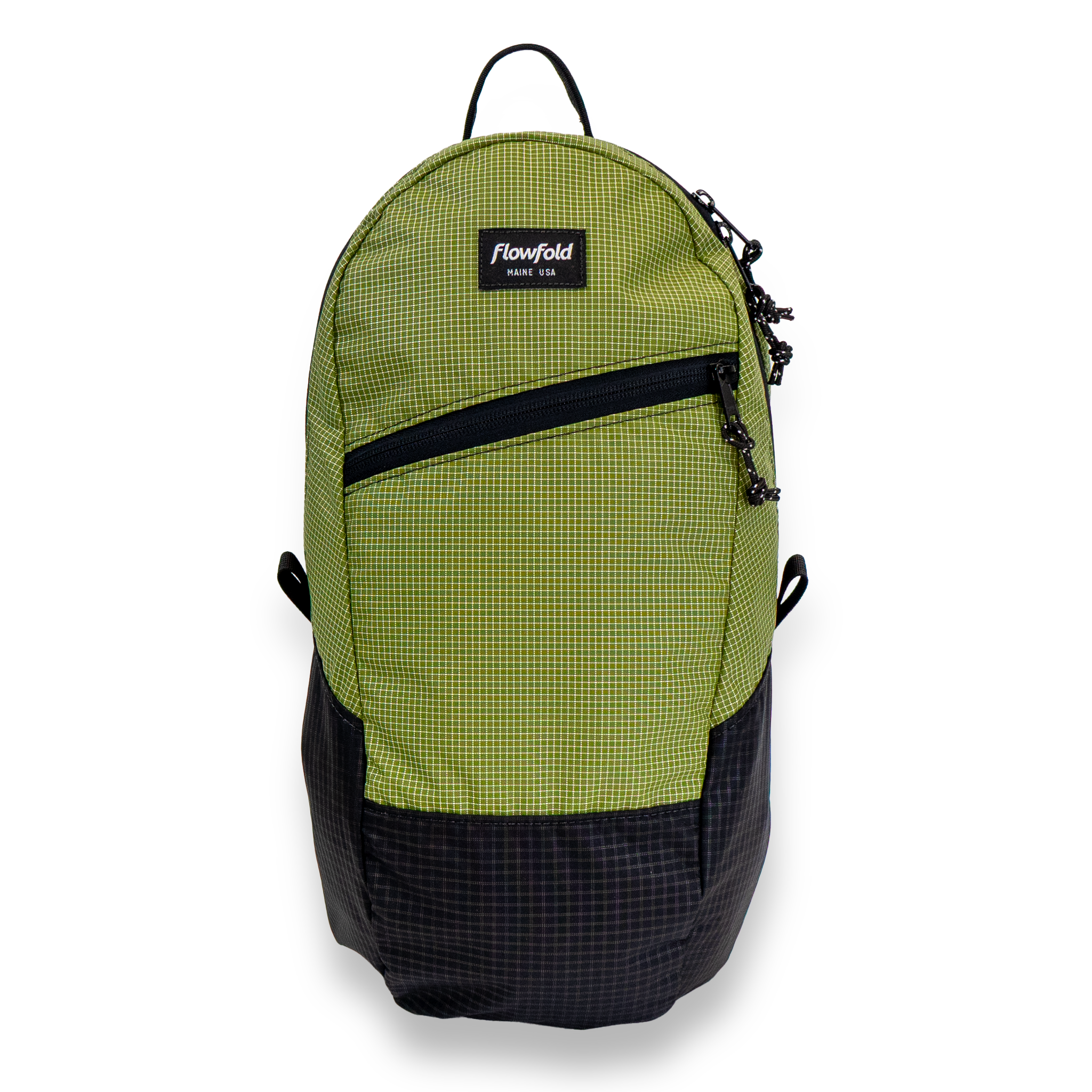 Green and black backpack with 'Flowfold' logo on a white background