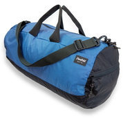 Blue duffle bag with black straps and a visible flowfold logo on a white background