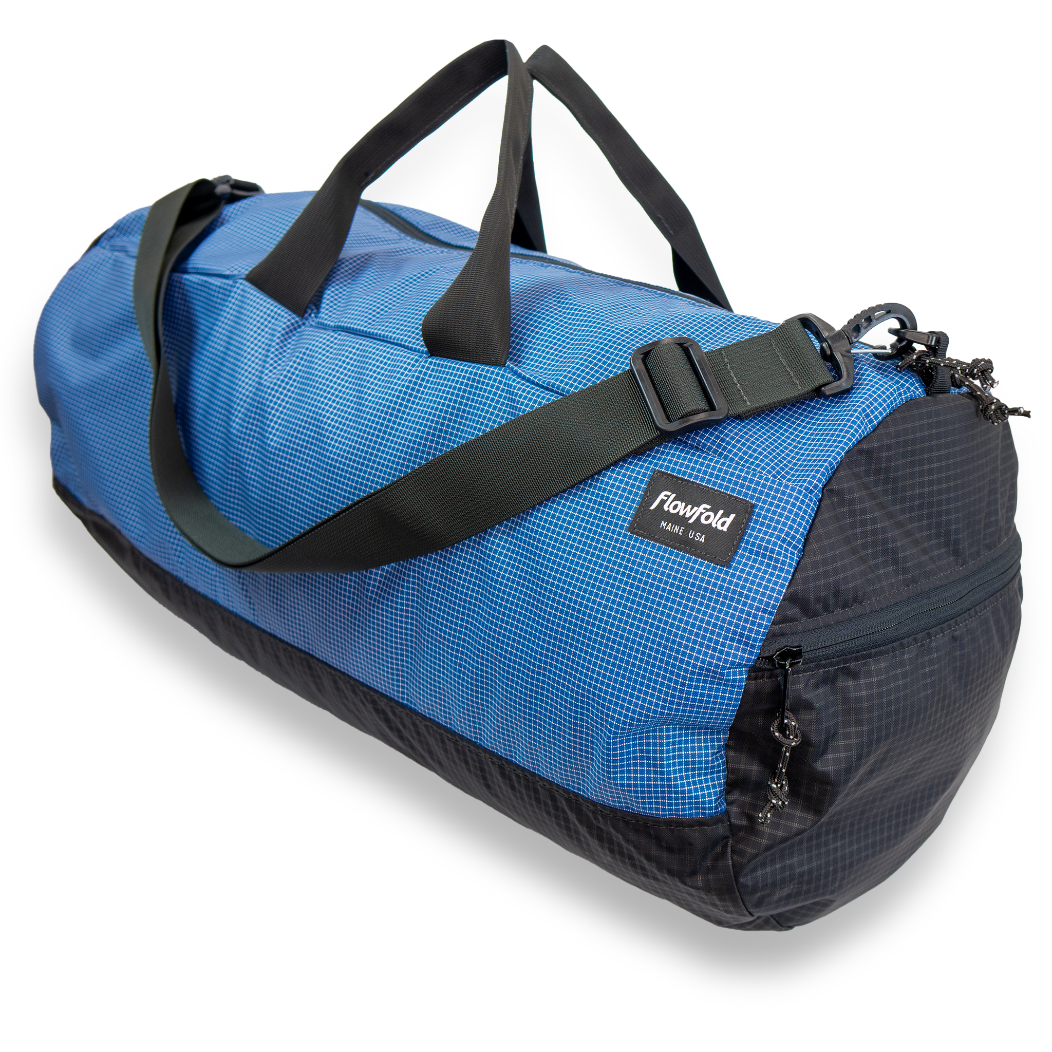 Blue duffle bag with black straps and a visible flowfold logo on a white background