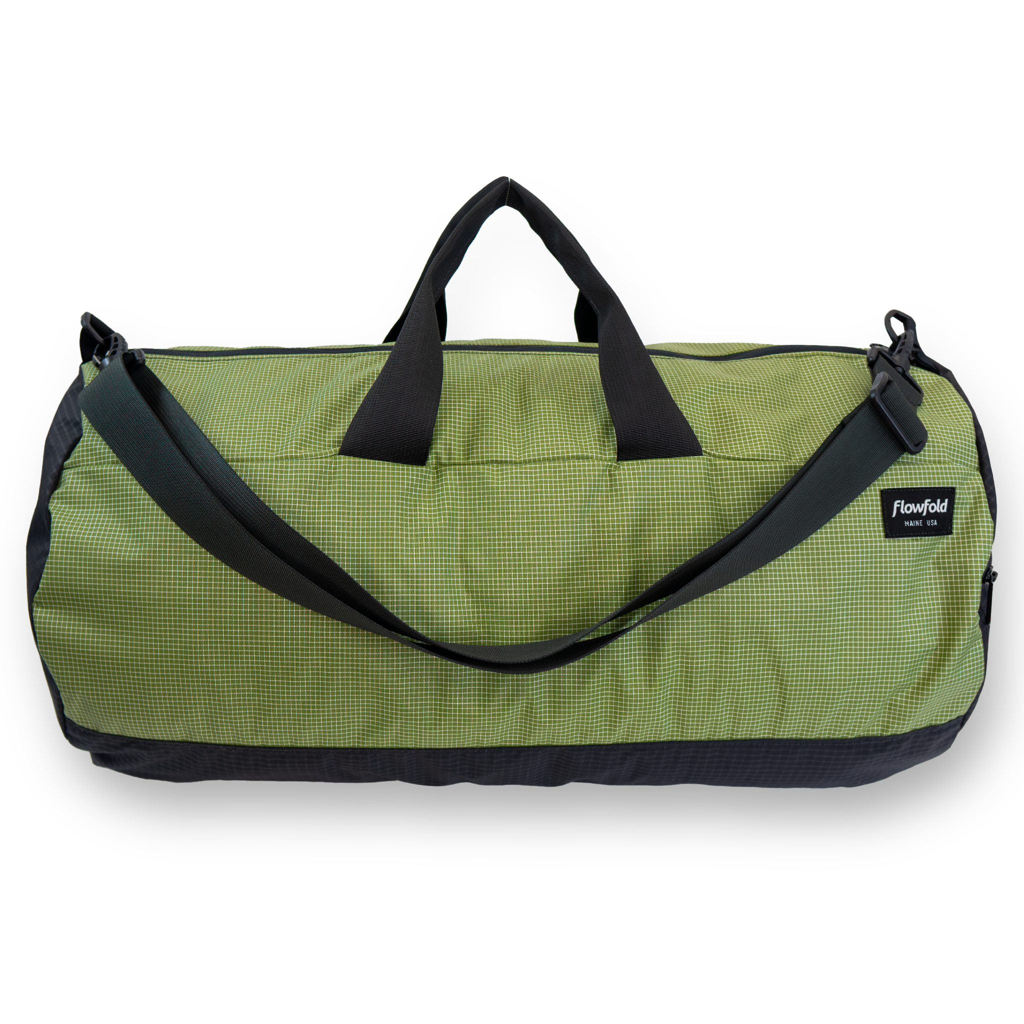 Olive green duffel bag with black straps and handle on a white background