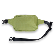 Olive green belt bag with a black strap on a white background