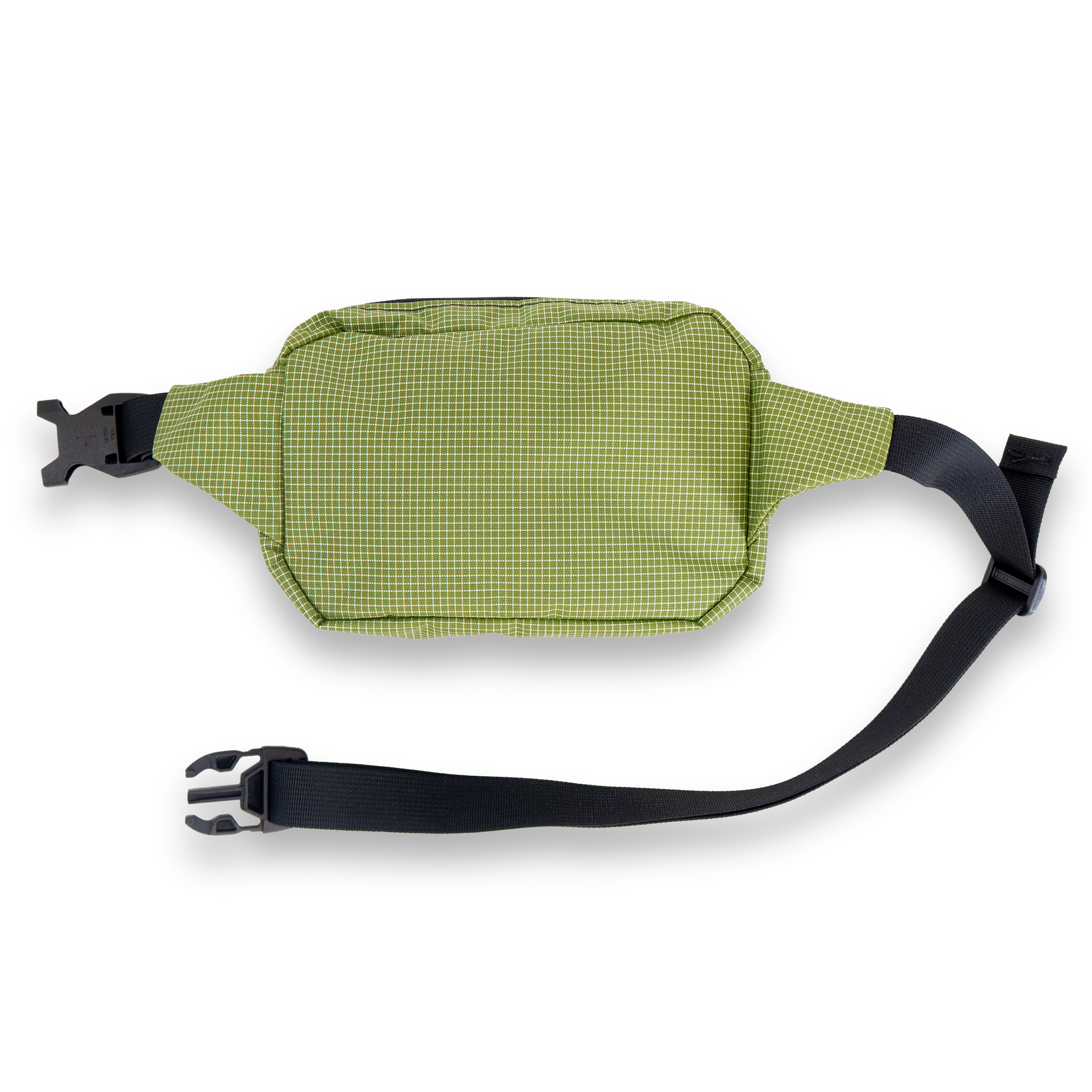 Olive green belt bag with a black strap on a white background