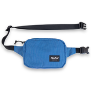 Blue belt bag with black strap on a white background