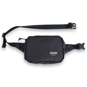 Black belt bag with a visible brand logo on a white background