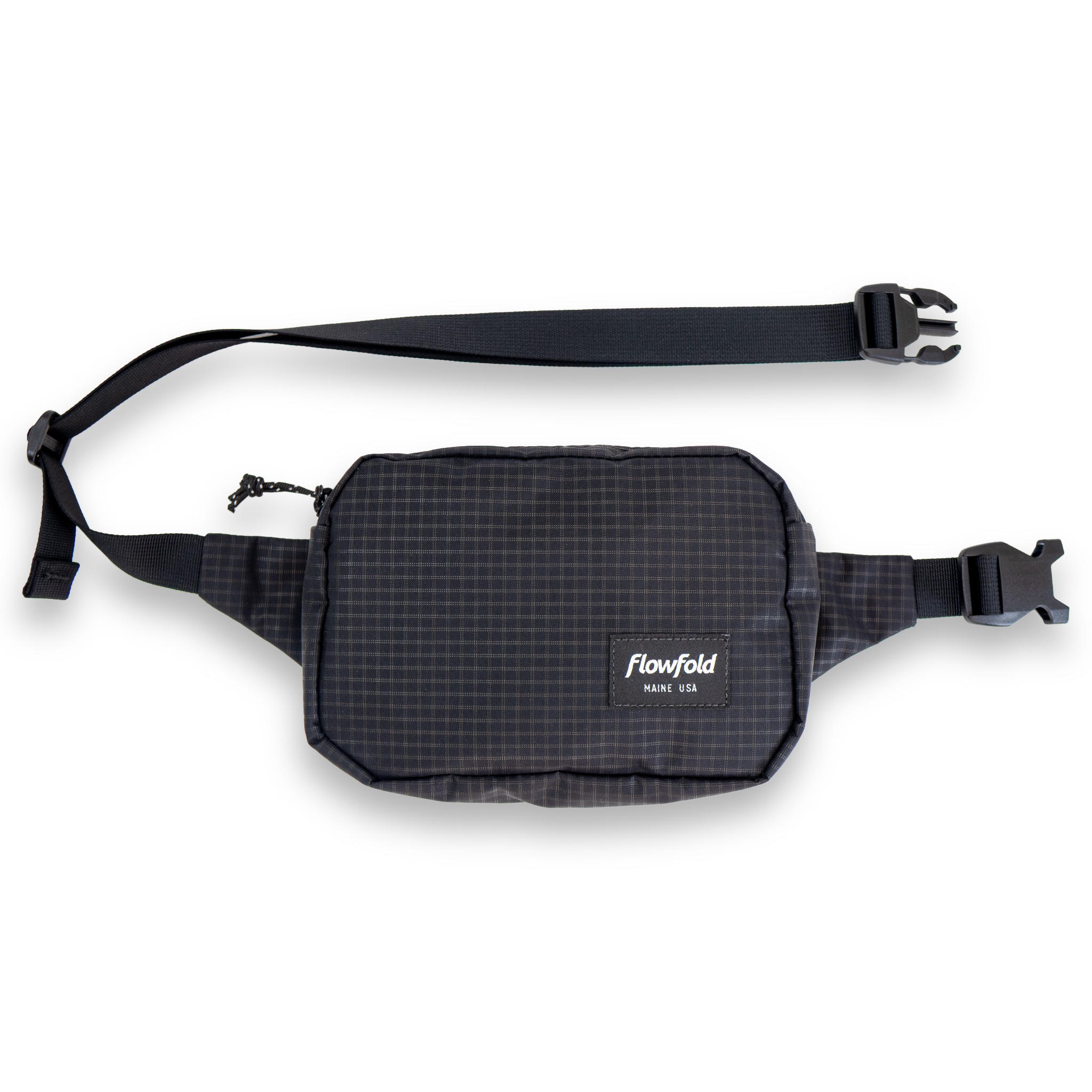 Black belt bag with a visible brand logo on a white background