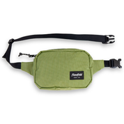 Olive green belt bag with black straps on a white background
