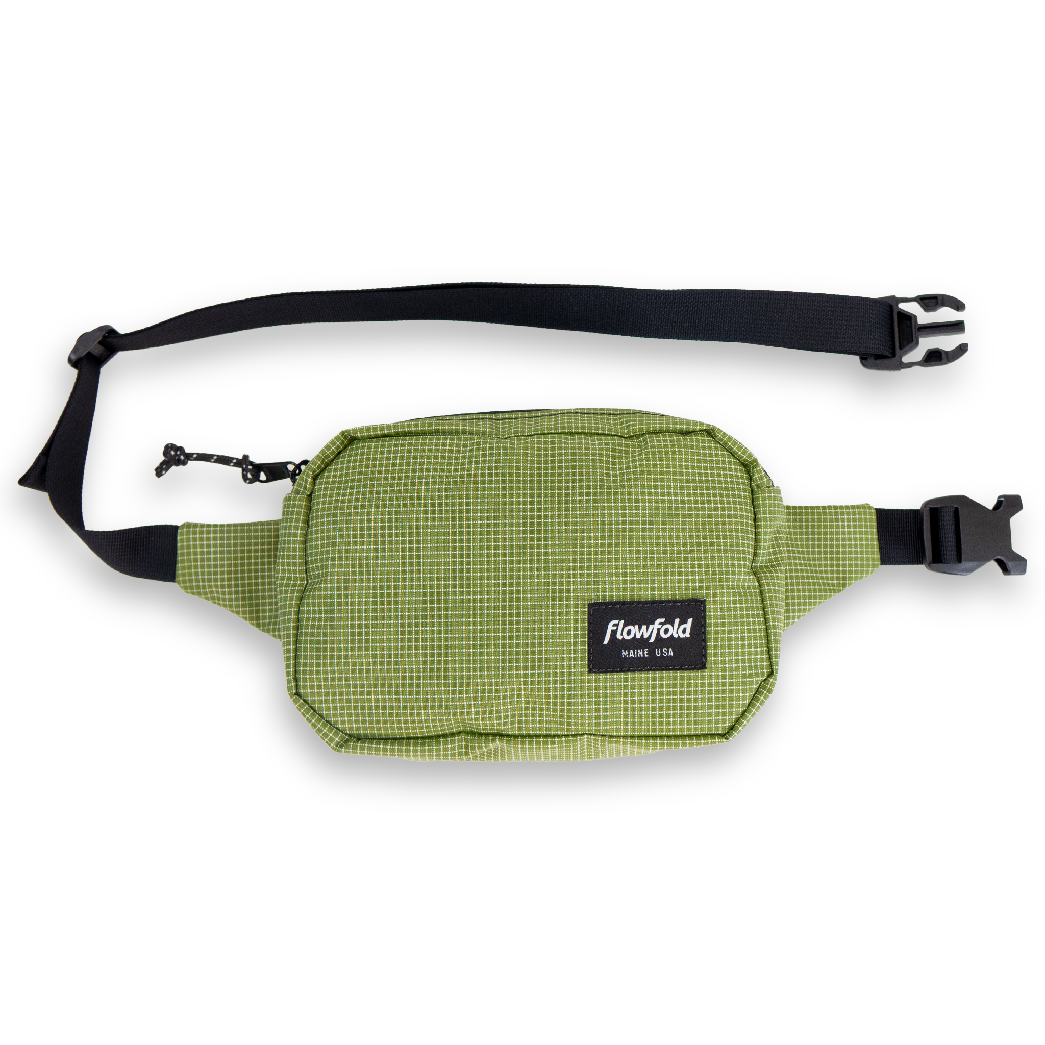 Olive green belt bag with black straps on a white background