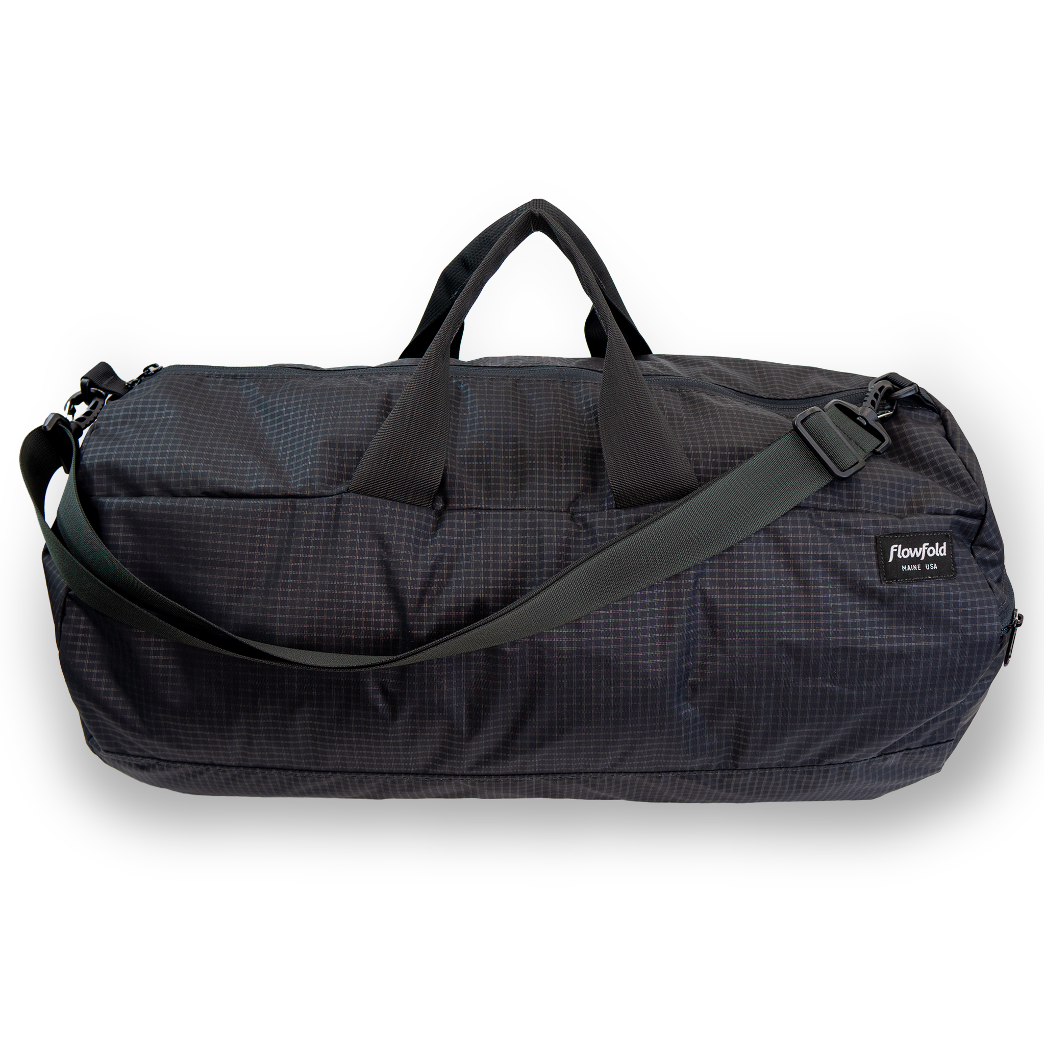 Black duffel bag with a visible flowfold 
brand logo on a white background