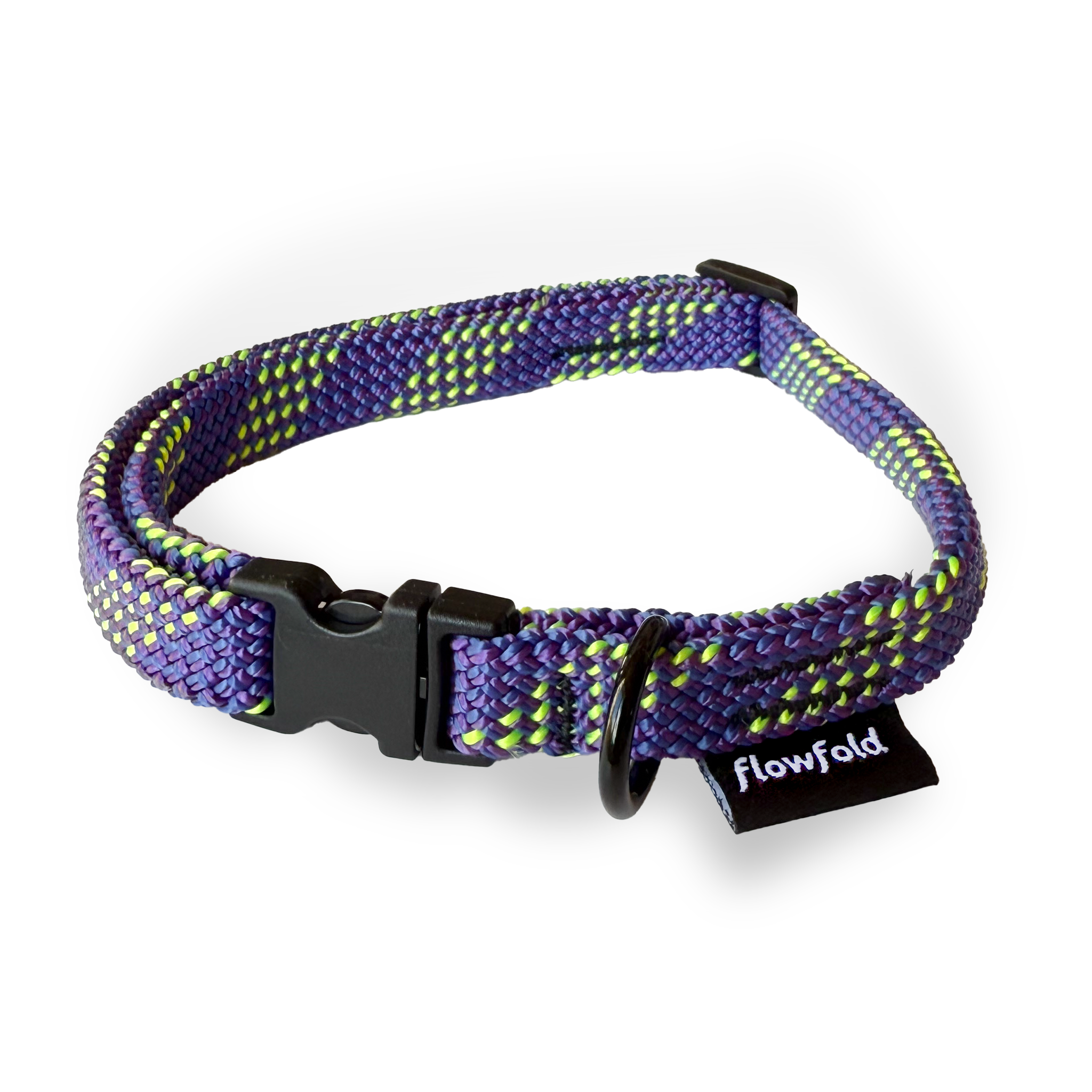 Purple and green braided dog collar with a black clip on a white background, featuring the brand 'flowfold'.