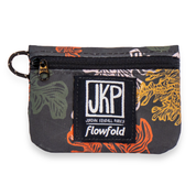 Small pouch with floral pattern and JKP Flowfold logo on a white background