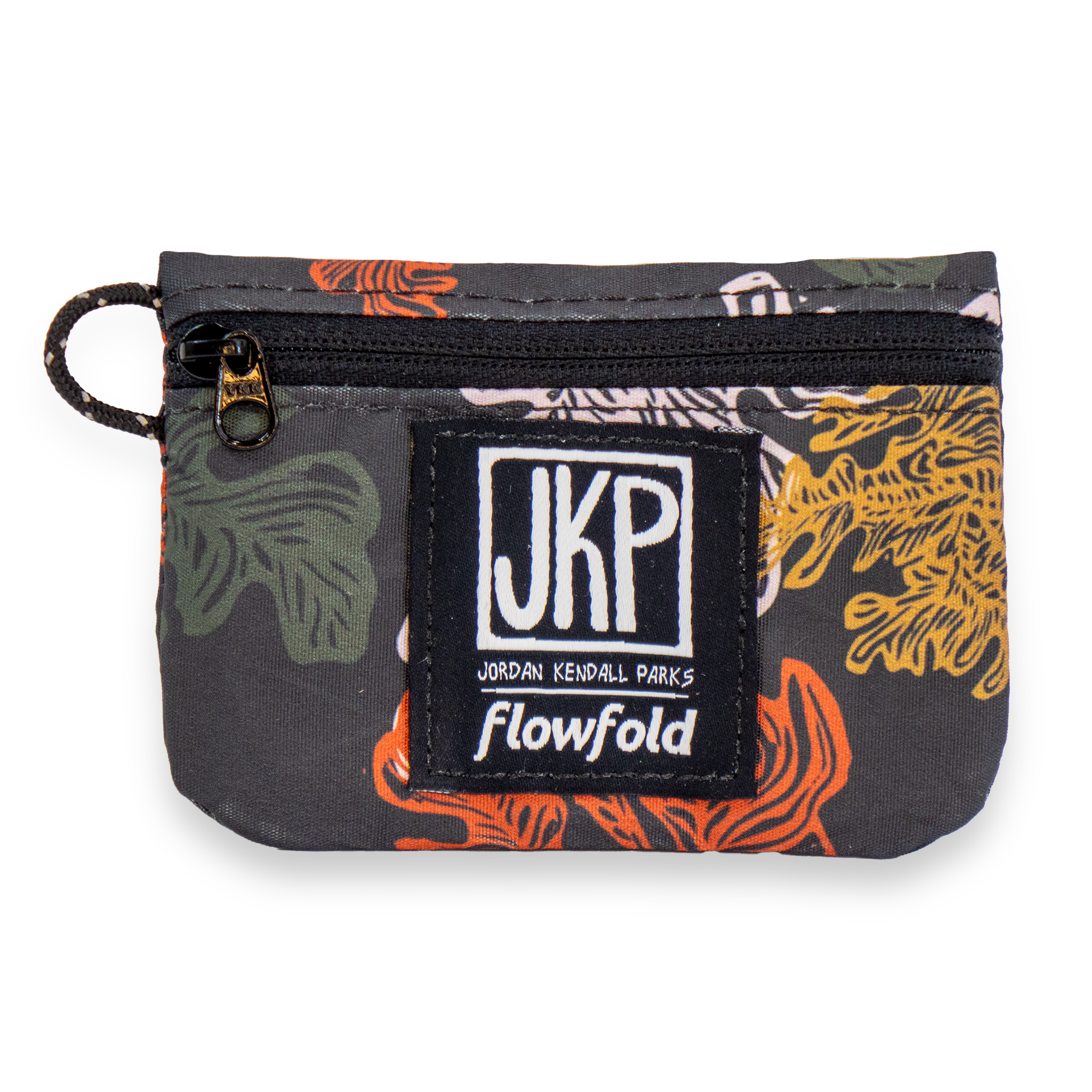 Small pouch with floral pattern and JKP Flowfold logo on a white background