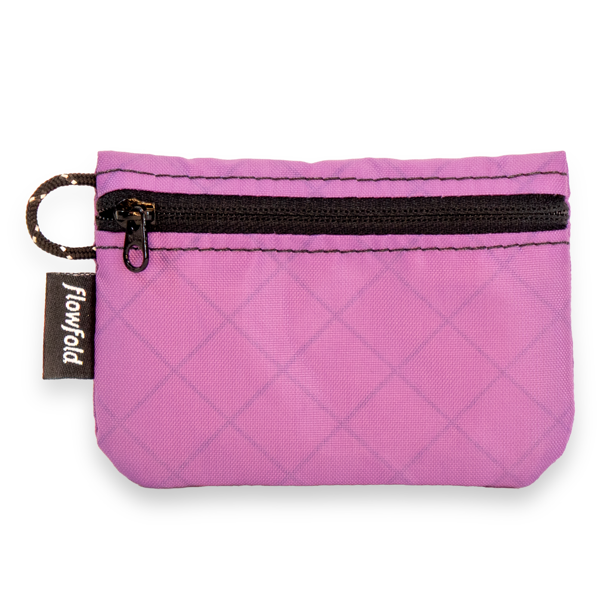 Lilac pouch with a black zipper on a white background, featuring the 'Flowfold' brand.