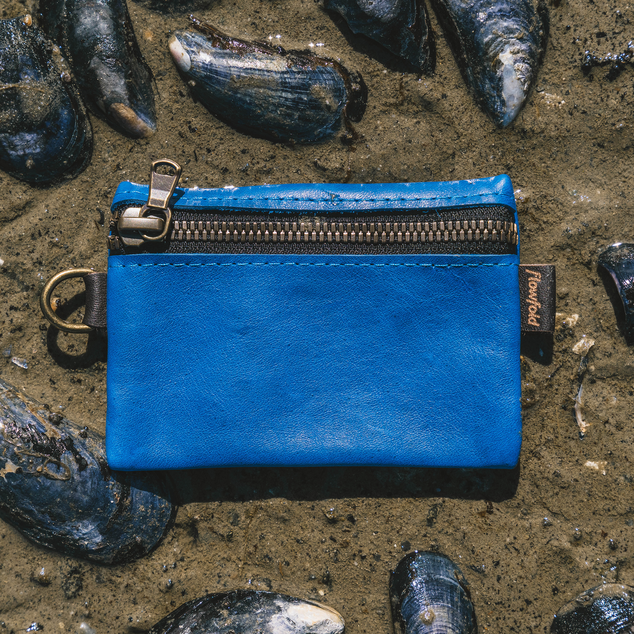 Blue leather pouch with a zipper on a sandy surface with shells.