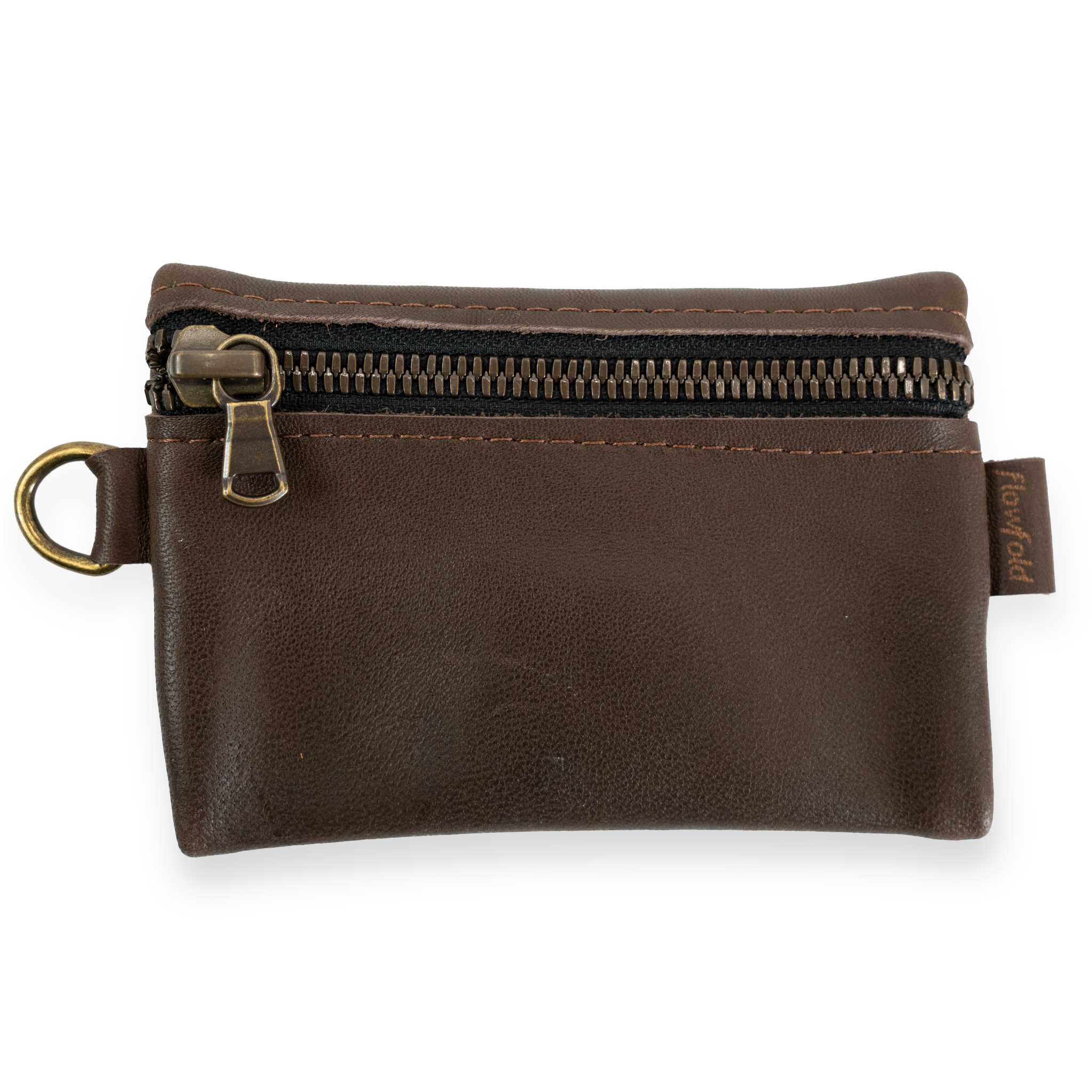 Brown leather pouch with zipper on a white background