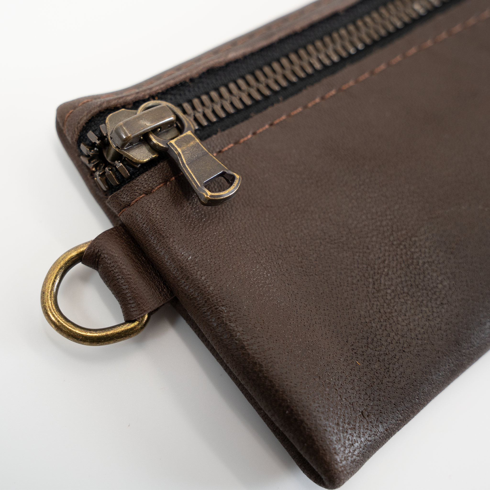 Close-up of a brown leather pouch with a zipper and gold ring on a white background