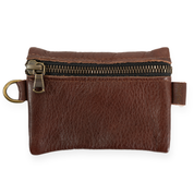 Brown leather pouch with a zipper on a white background