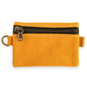 Yellow leather zippered pouch with a key ring on a white background