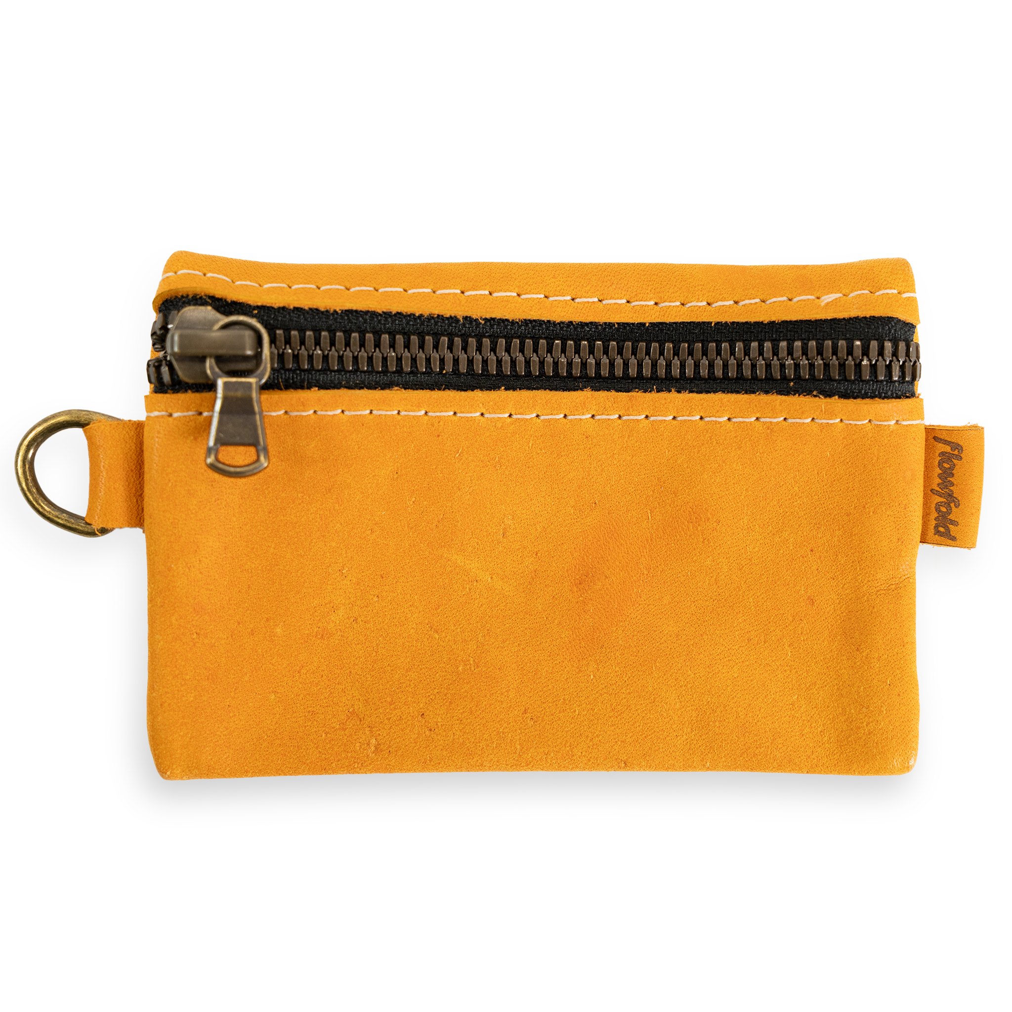 Yellow leather zippered pouch with a key ring on a white background
