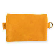 Yellow leather pouch with gold handles on a white background