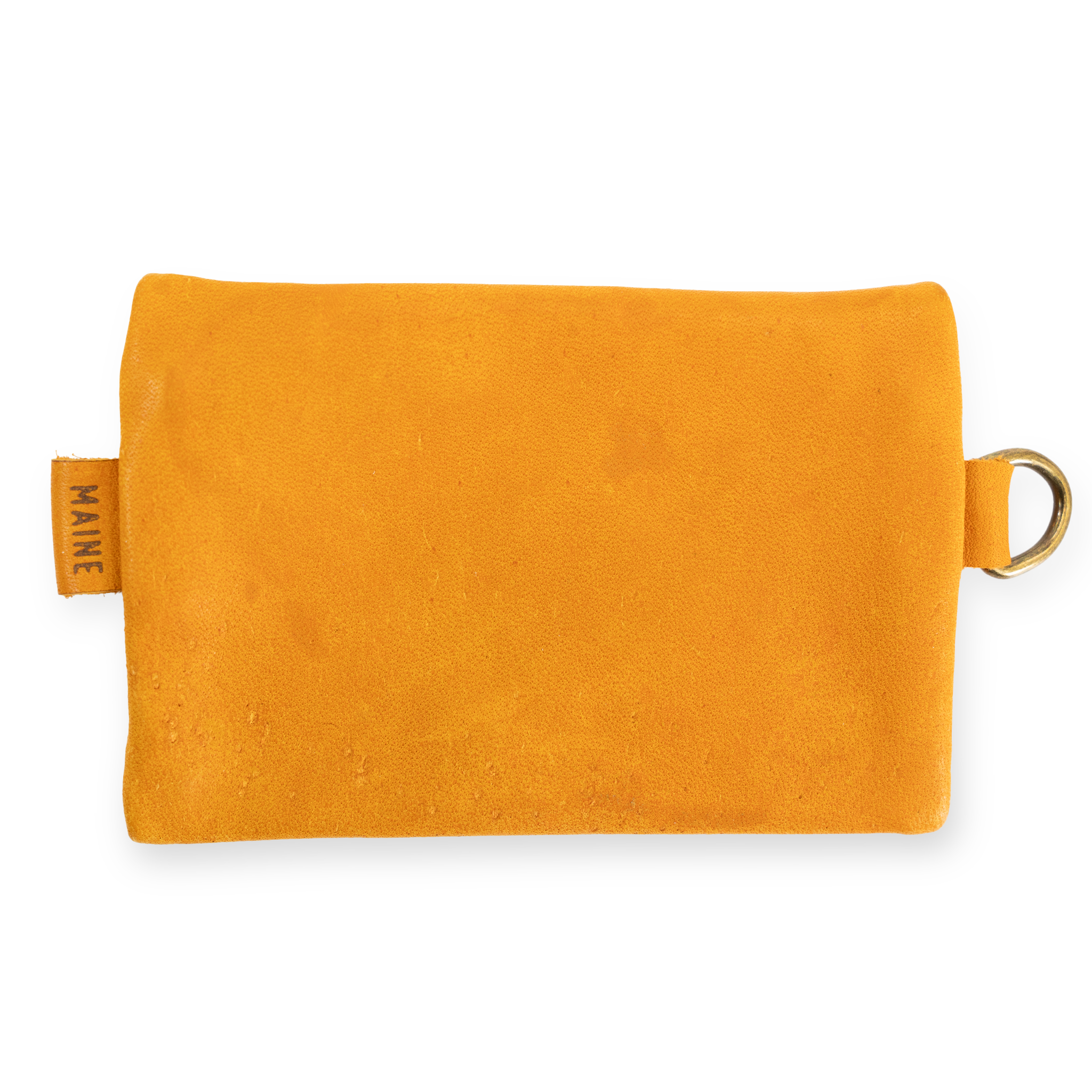 Yellow leather pouch with gold handles on a white background