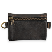 Dark brown leather pouch with a zipper on a white background