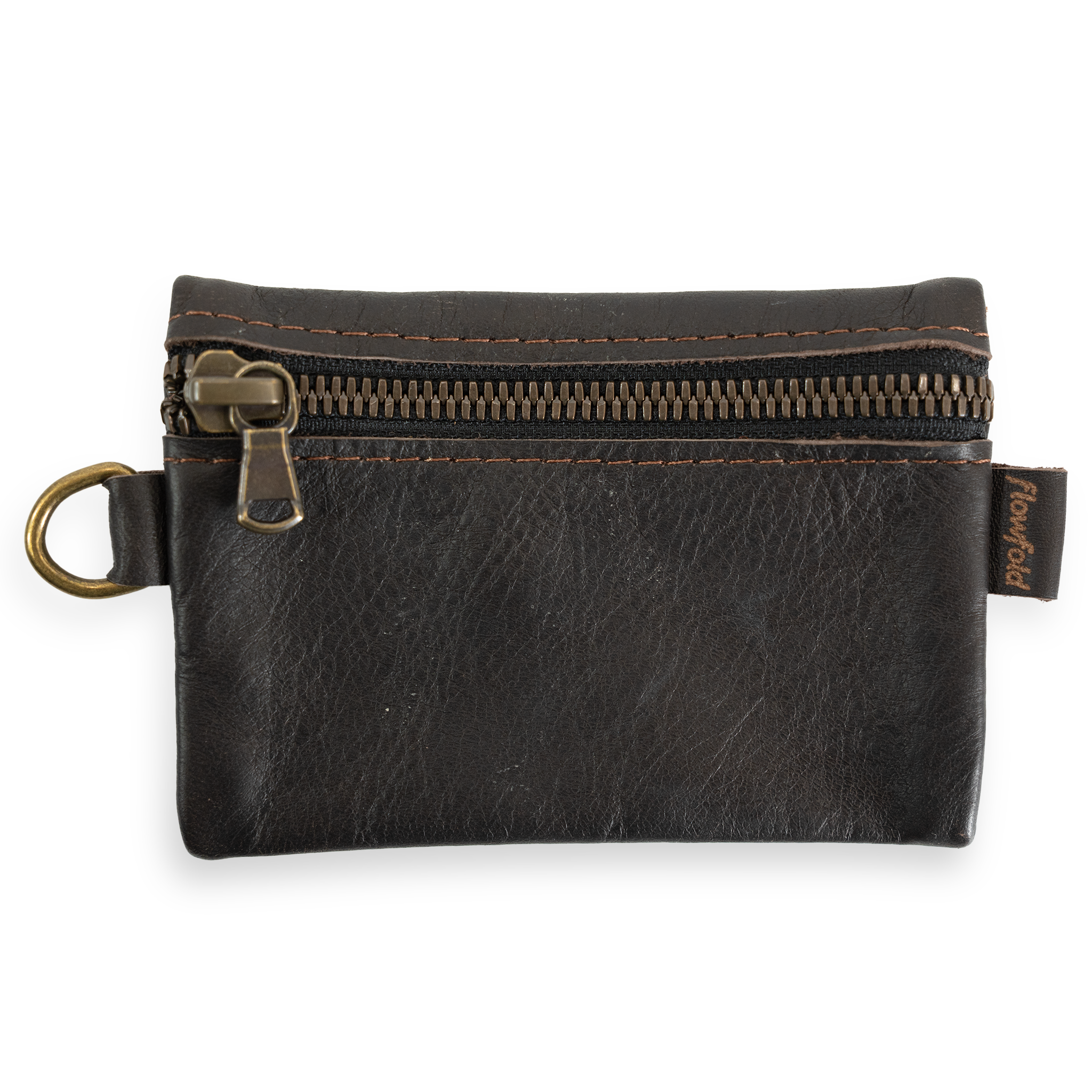 Dark brown leather pouch with a zipper on a white background