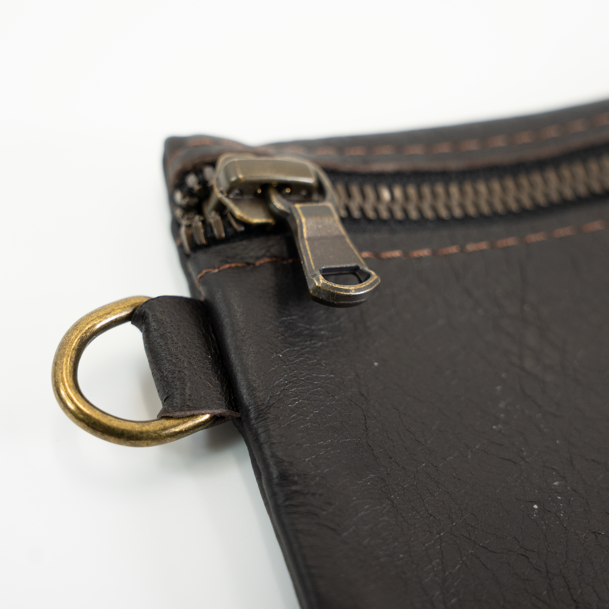 Close-up of a dark brown leather pouch with brass zipper and ring on a white background