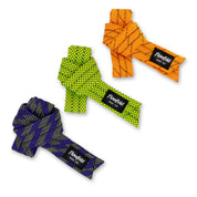Hollow rope straps in tangerine, lime, and eggplant tied and placed in a row with the flowfold label visible