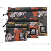 Three patterned bags with 'JKP' branding on a white background with size guides