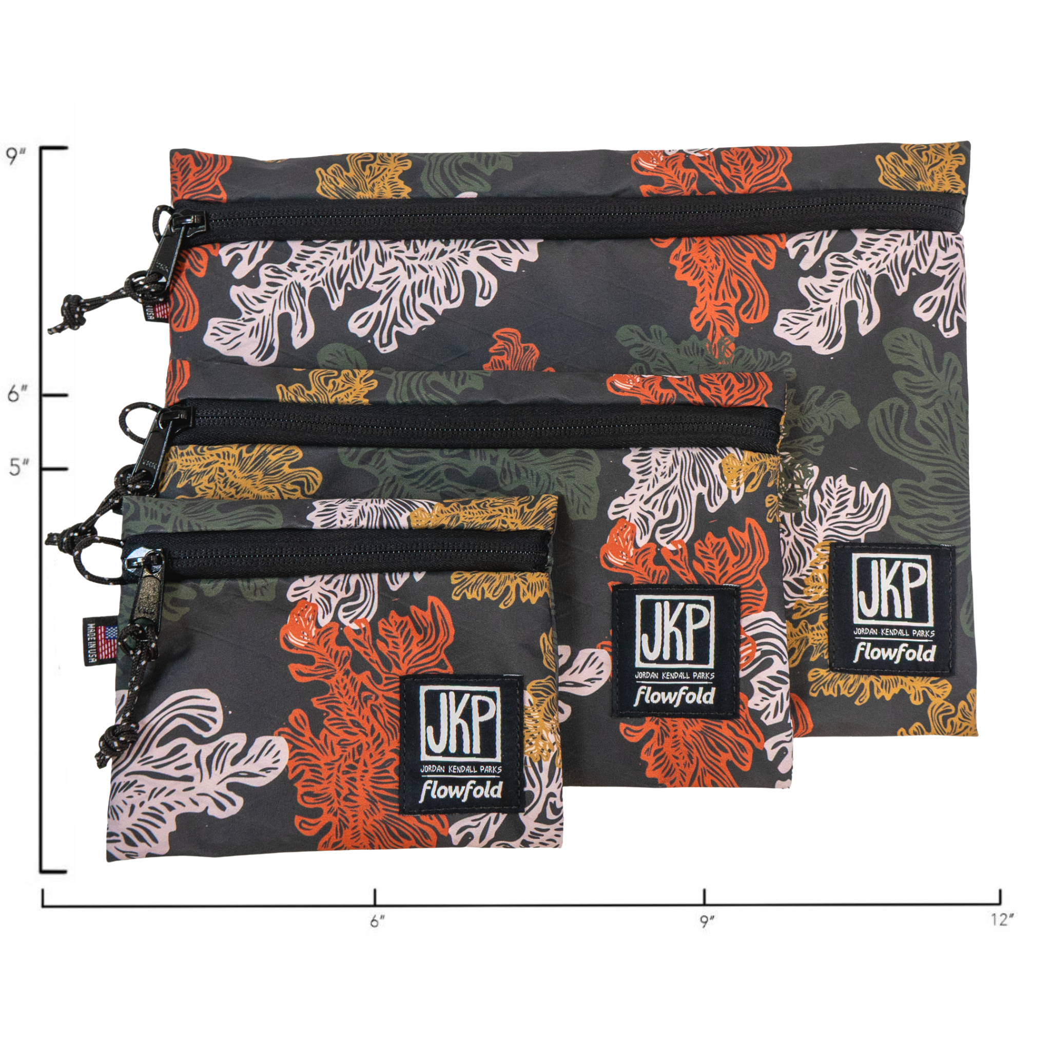 Three patterned bags with 'JKP' branding on a white background with size guides