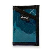 Blue wallet with black border and 'flowfold' label on a white background