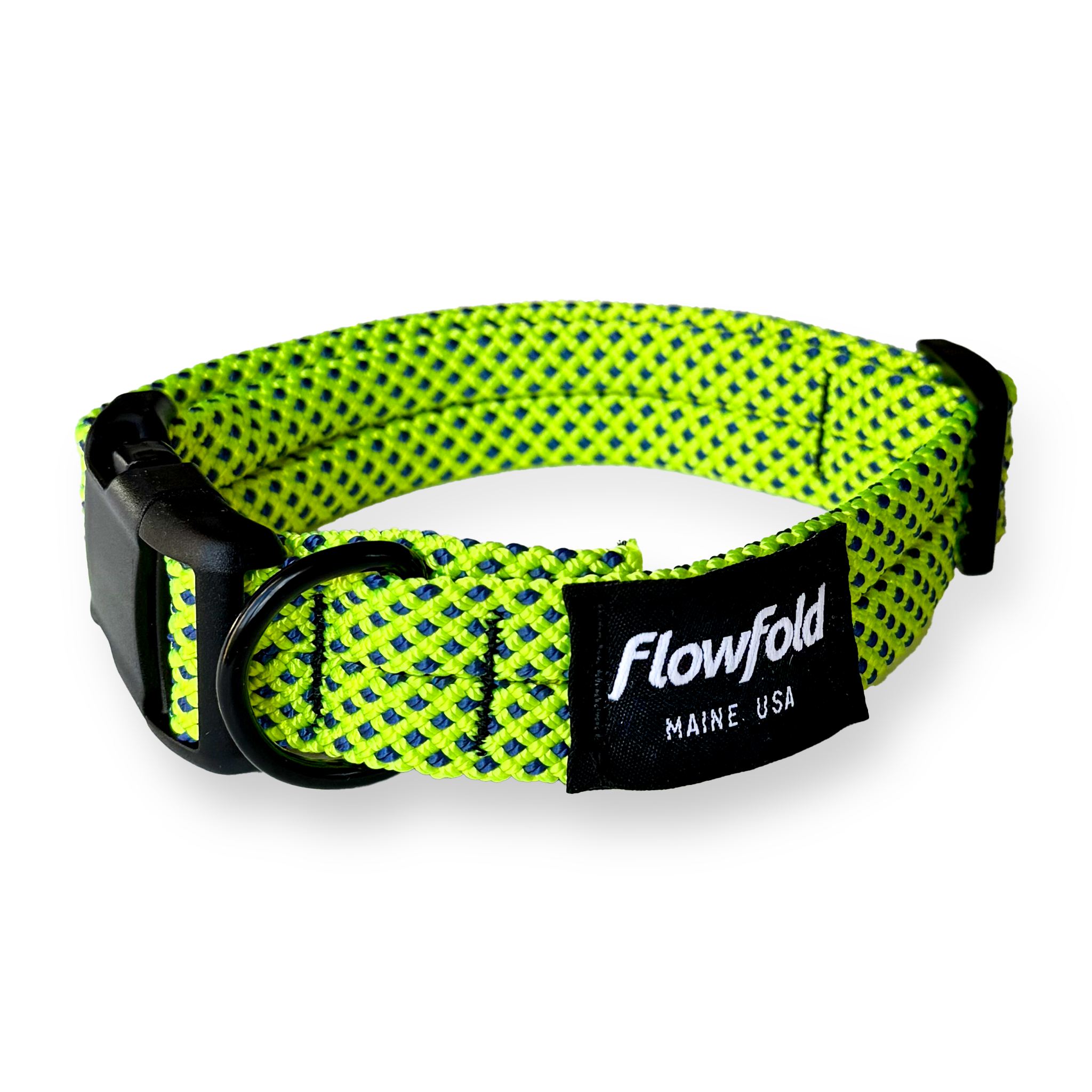 Neon green dog collar with blue pattern and 'Flowfold' label on a white background